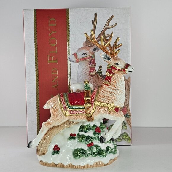 Fitz And Floyd Crimson Holiday Deer Candleholder Porcelain Christmas Decor - Picture 1 of 9